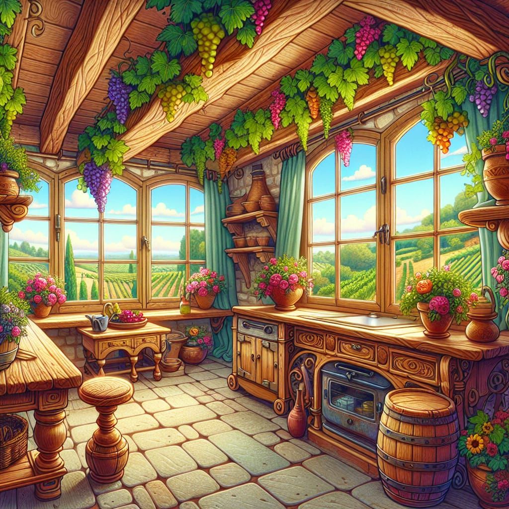 Rustic French Kitchen with Grapevines, Whimsical Animation S...