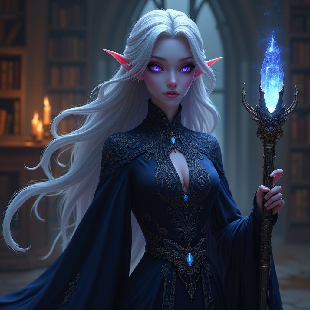 Ethereal Drow Elf Wizard in Ancient Library Setting