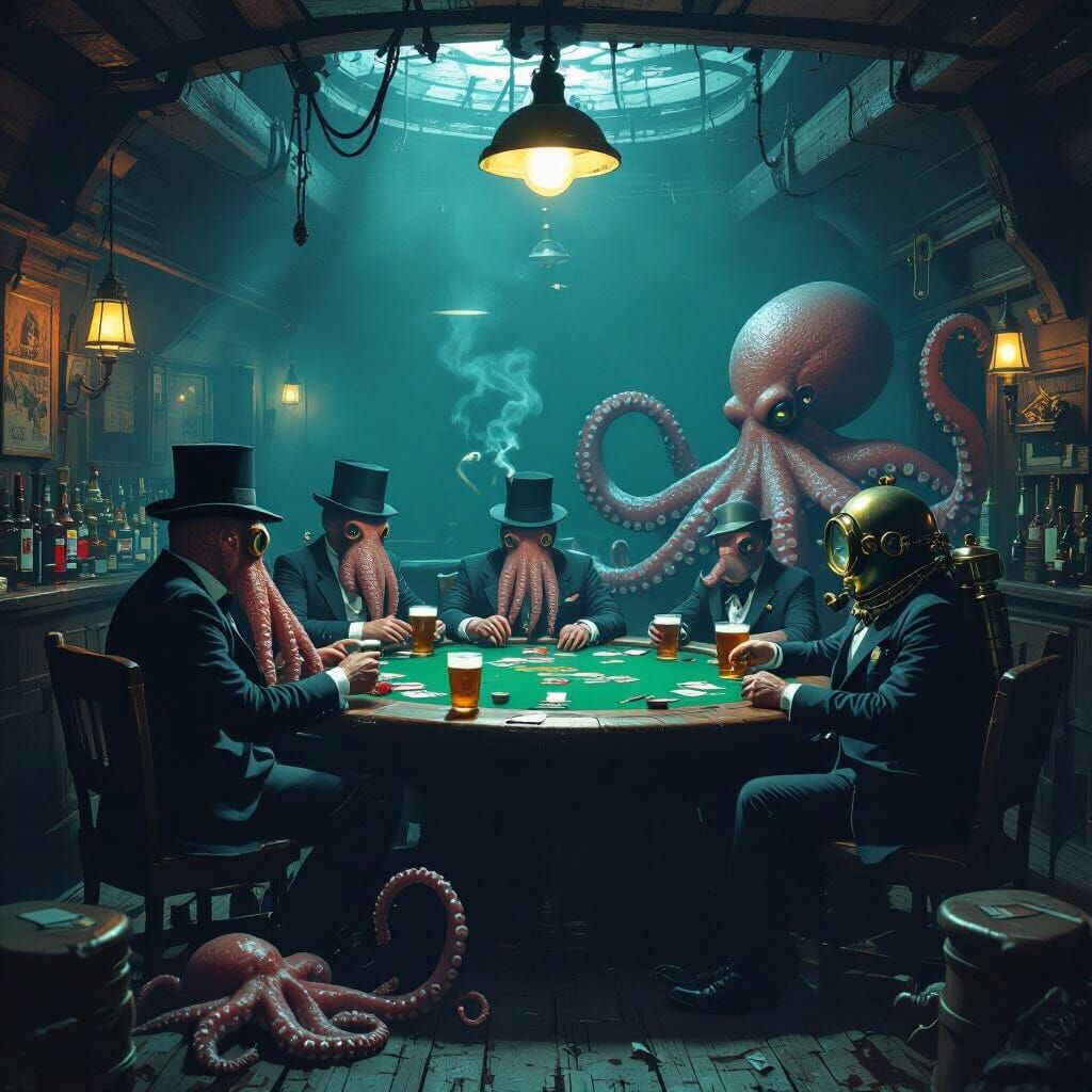 Underwater Poker Game in Sunken Ship, Dark Surrealism