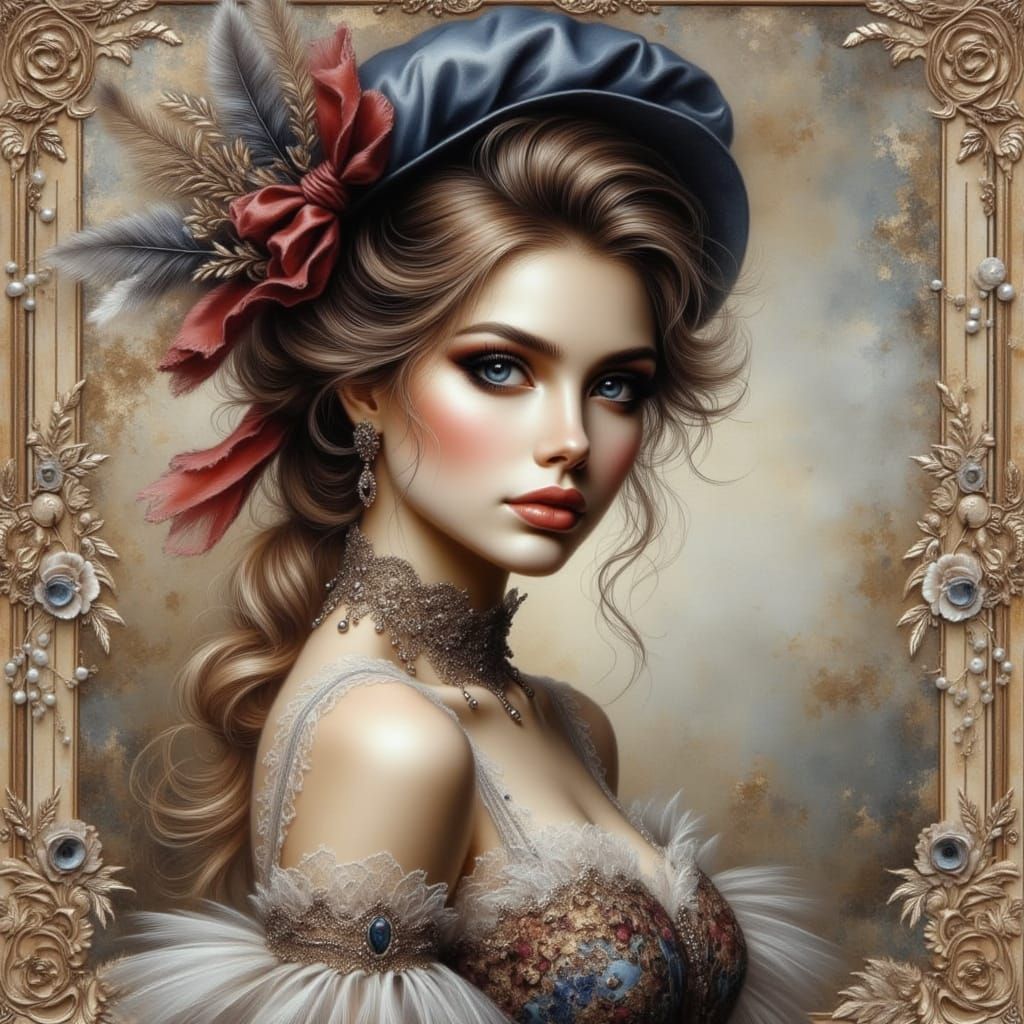 Aristocratic Lady in Blue Bonnet, Watercolor and Acrylic Art