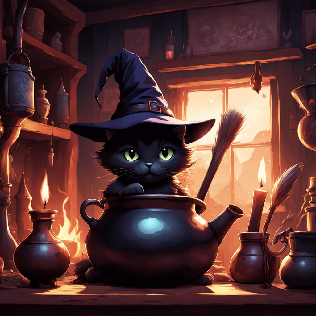 Enchanted Feline Apprentice in a Whimsical Studio