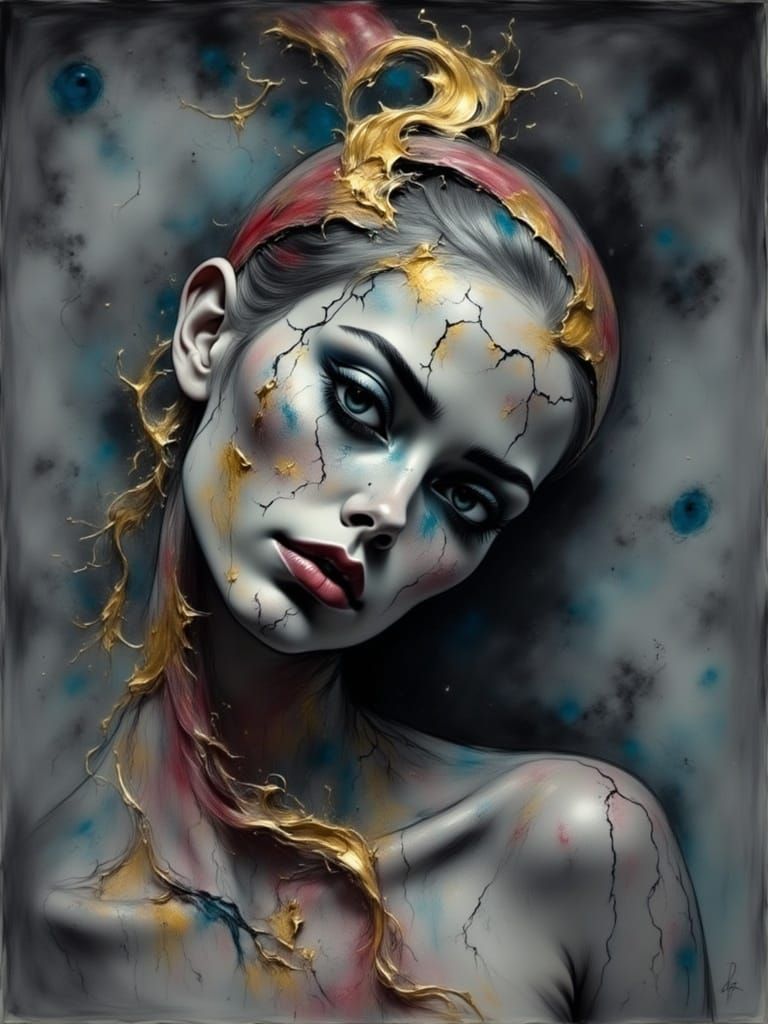 Ethereal, abstract portrait of a woman's face, with golden, ...