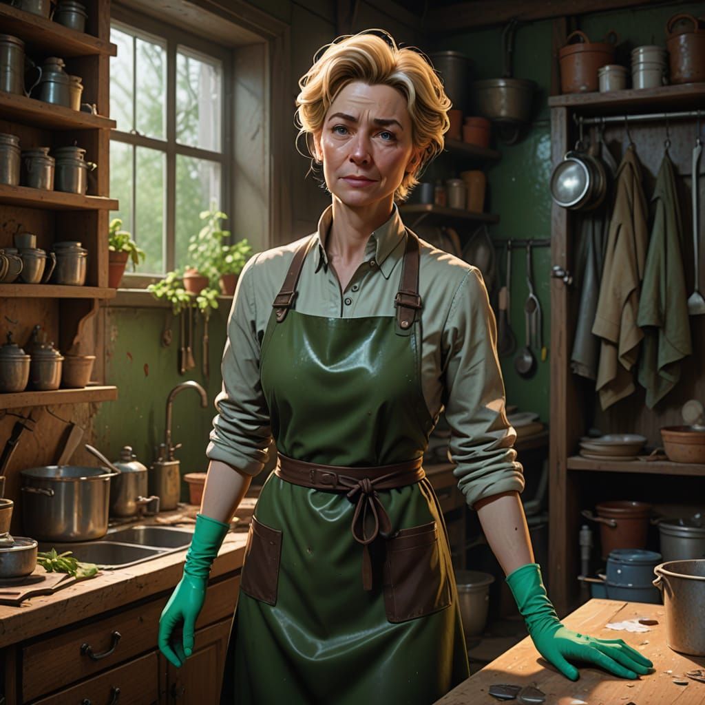 Tired Charwoman in a Cleaning Closet