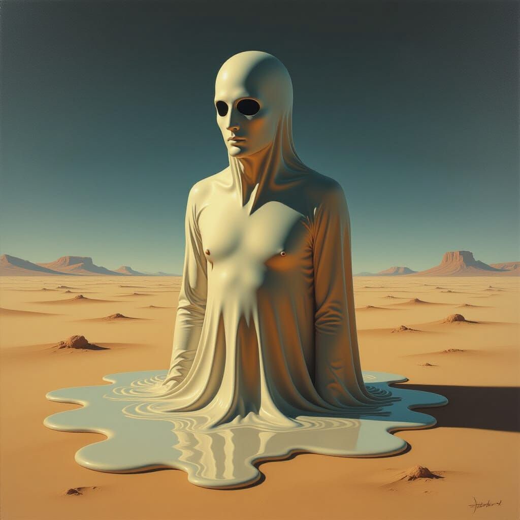 Surreal Melting Figure in Desert Landscape Oil Painting