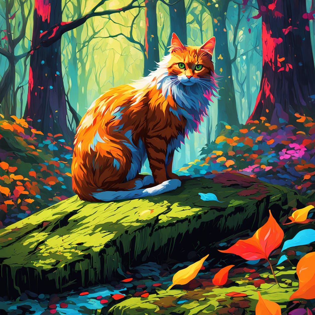 Elegant Cat in Vibrant Forest