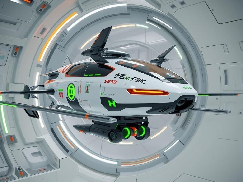 Futuristic Hover Vehicle in Airlock with Neon Lights