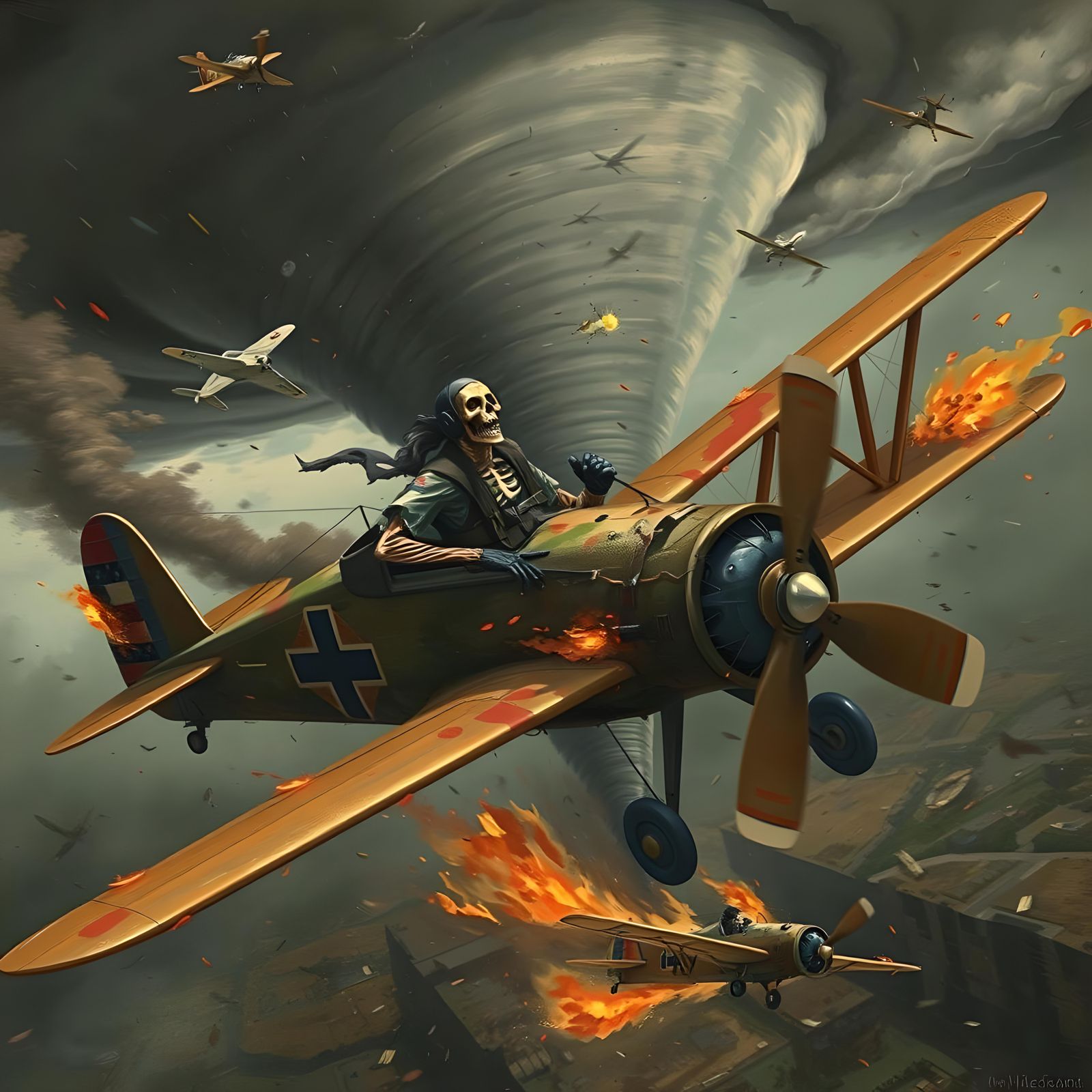 WWI Biplane Inferno with Skeleton Pilots