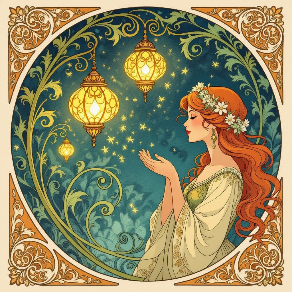 Art Nouveau Illustration with Ornate Lamps and Floral Patter...