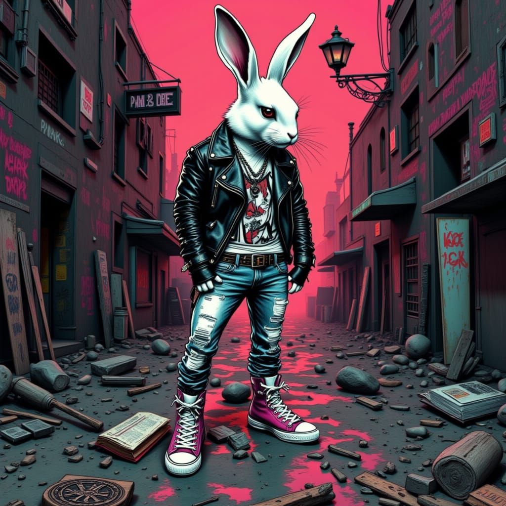 White Punk Bunny in Leather Jacket