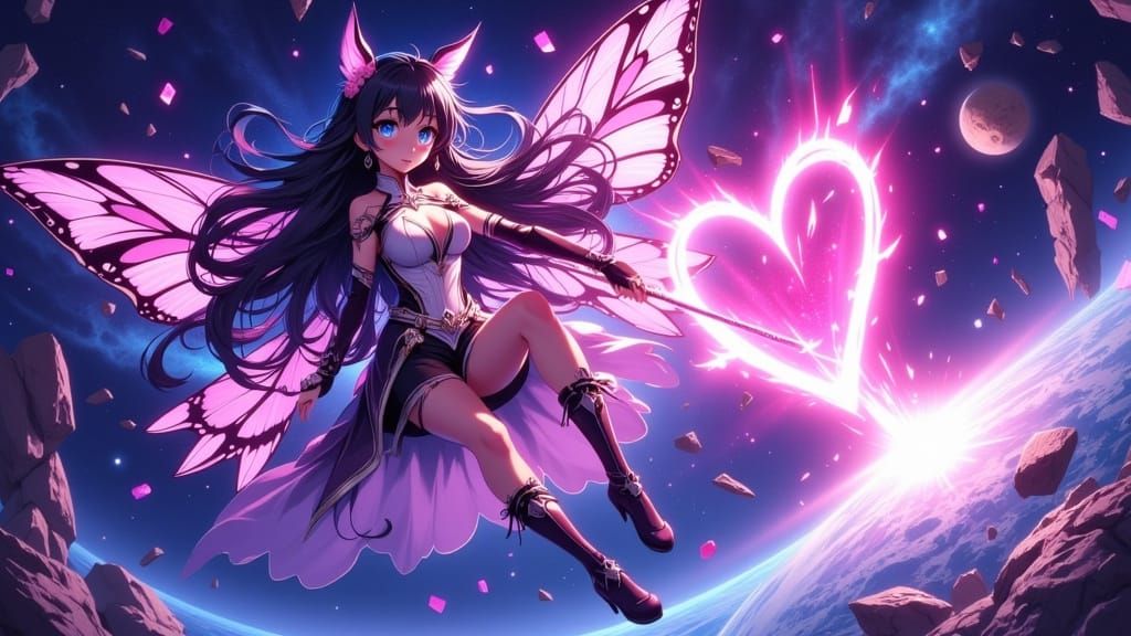 Anime Girl Soars Through Space with Magical Crystal Staff