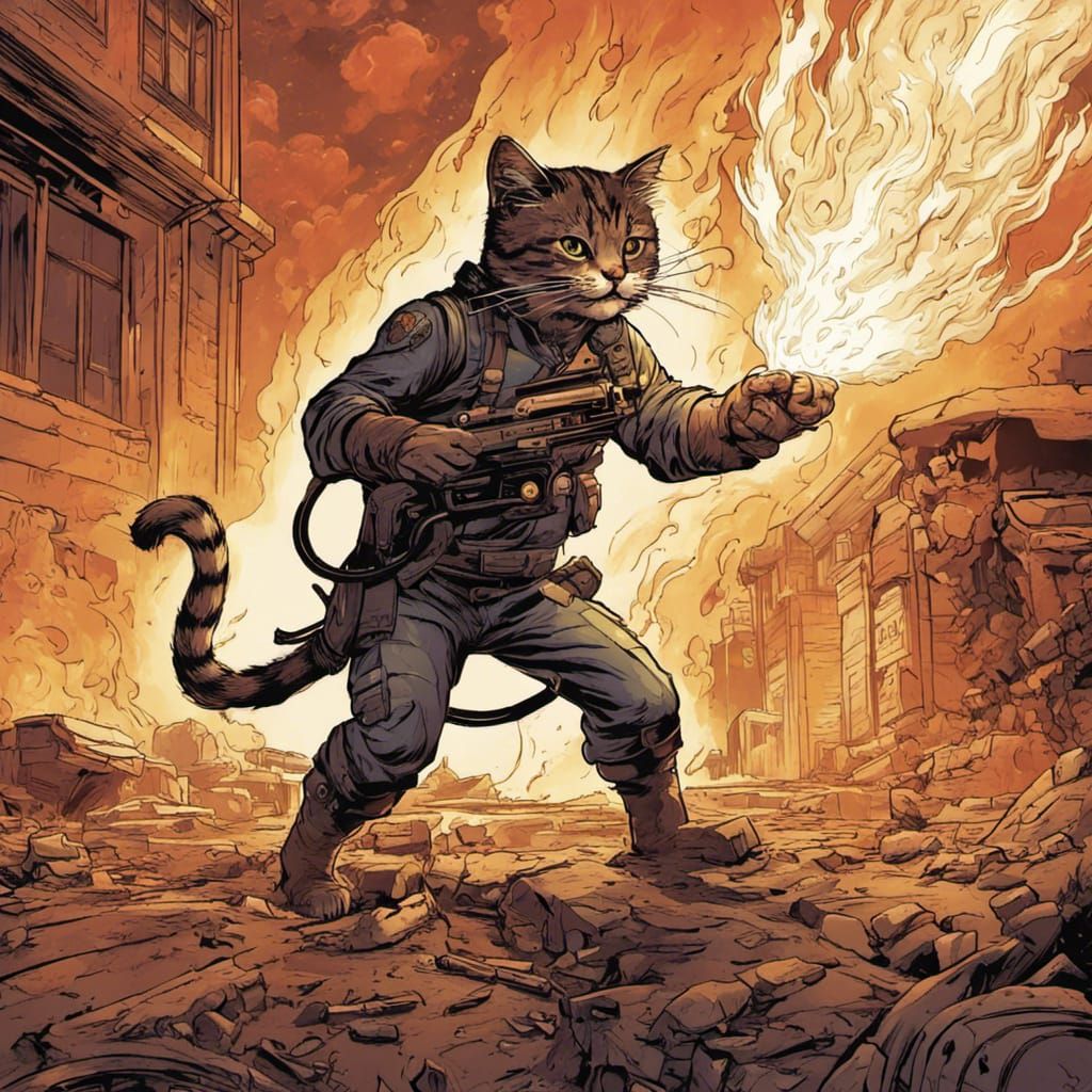 Cat with Flamethrower in Comic Book Style