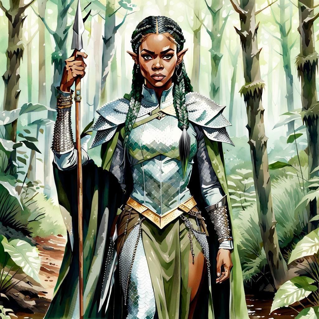 African-American Elf Warrior in Forest, Watercolor Portrait
