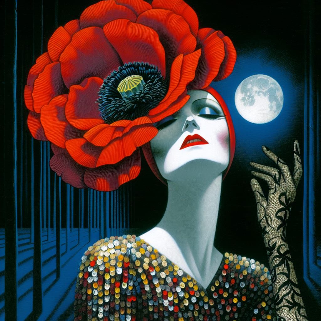 Surreal Woman with Poppy in Art Deco Style