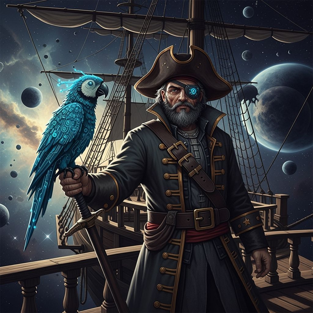 Space Pirate Captain with Cybernetic Parrot in Nebula