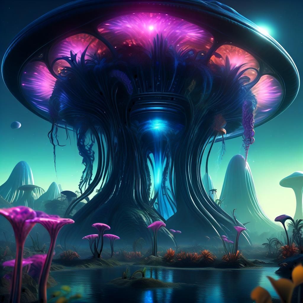 Bioluminescent Alien Wildlife Panorama in Digital Matte Pain...