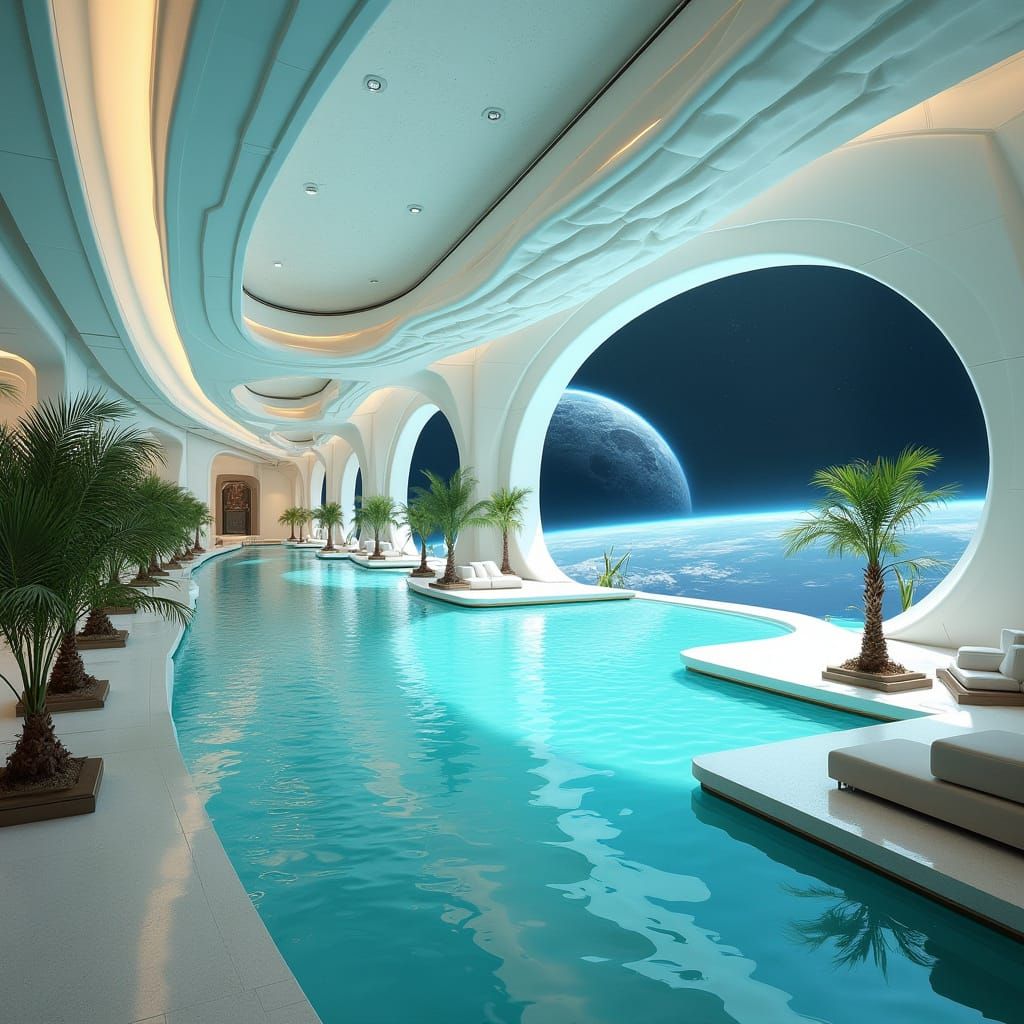 Dystopian Spacecraft Interior with Blue Planet View