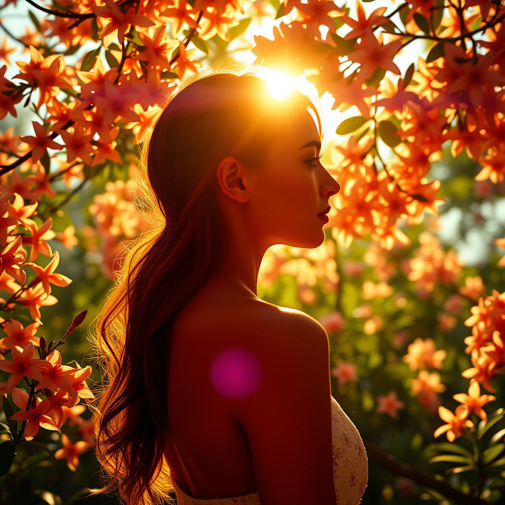 Woman in Sunlit Garden as Art Nouveau Painting
