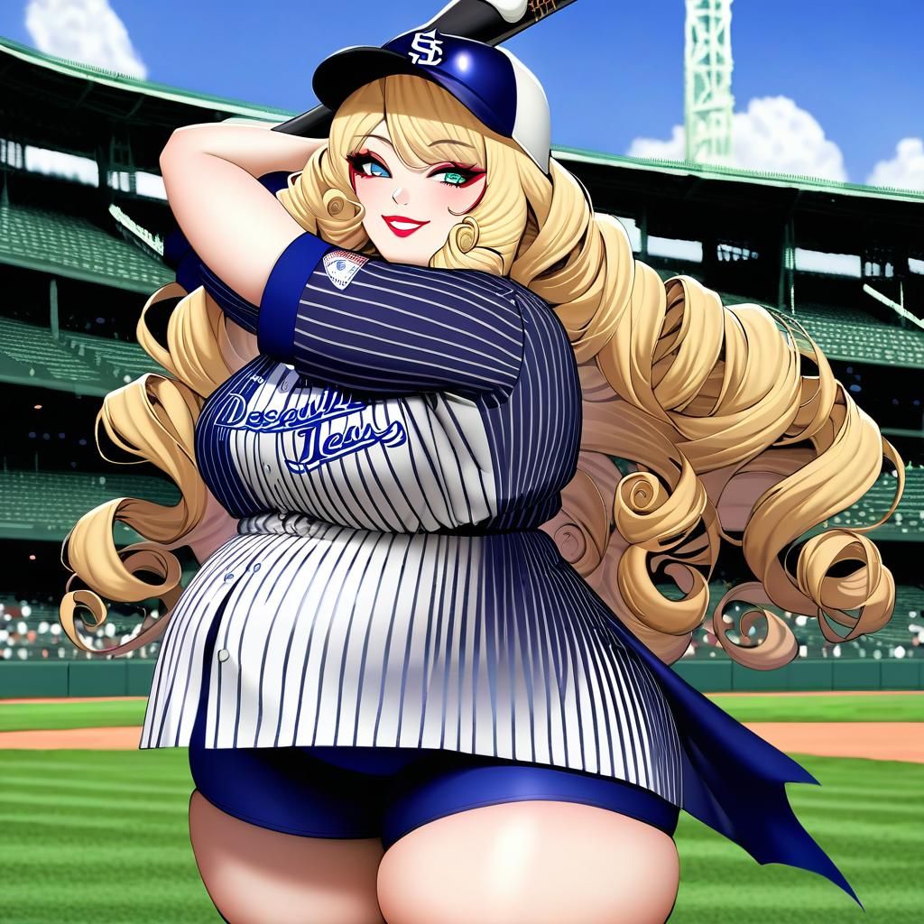 Curvy Woman in Baseball Uniform at Stadium
