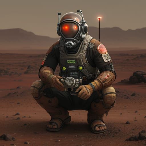 Dad Grilling Steaks on Mars in Dystopian Art Style