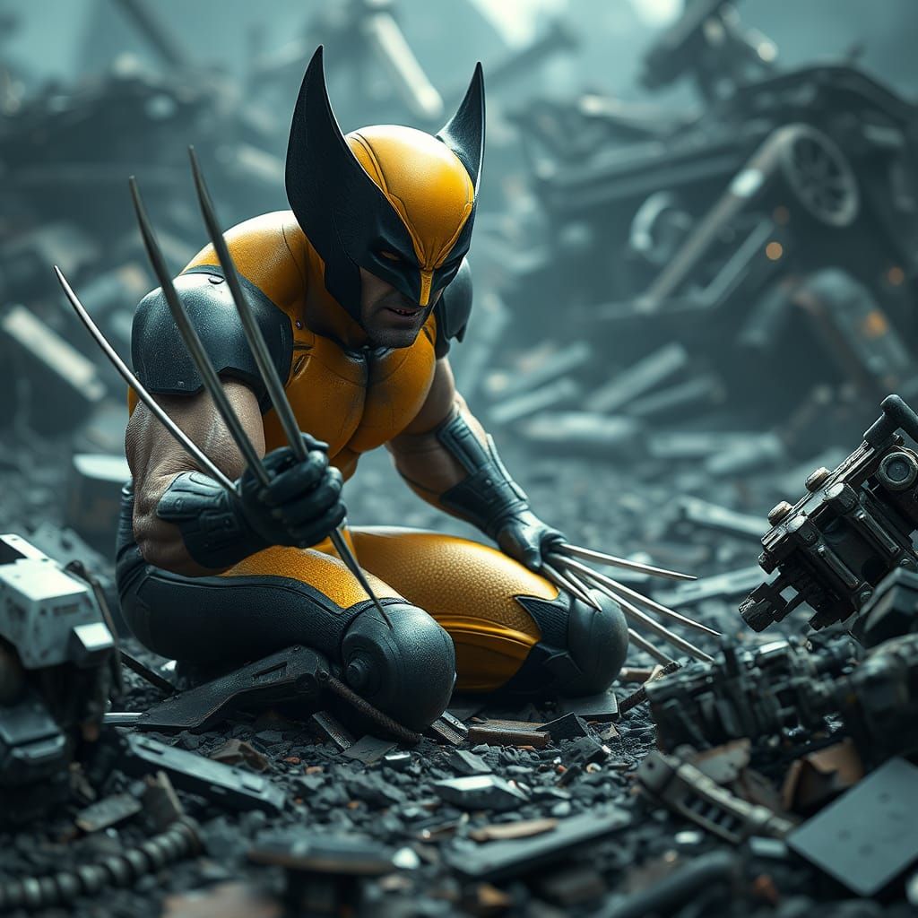 Wolverine Kneeling in Wreckage with Adamantium Claws
