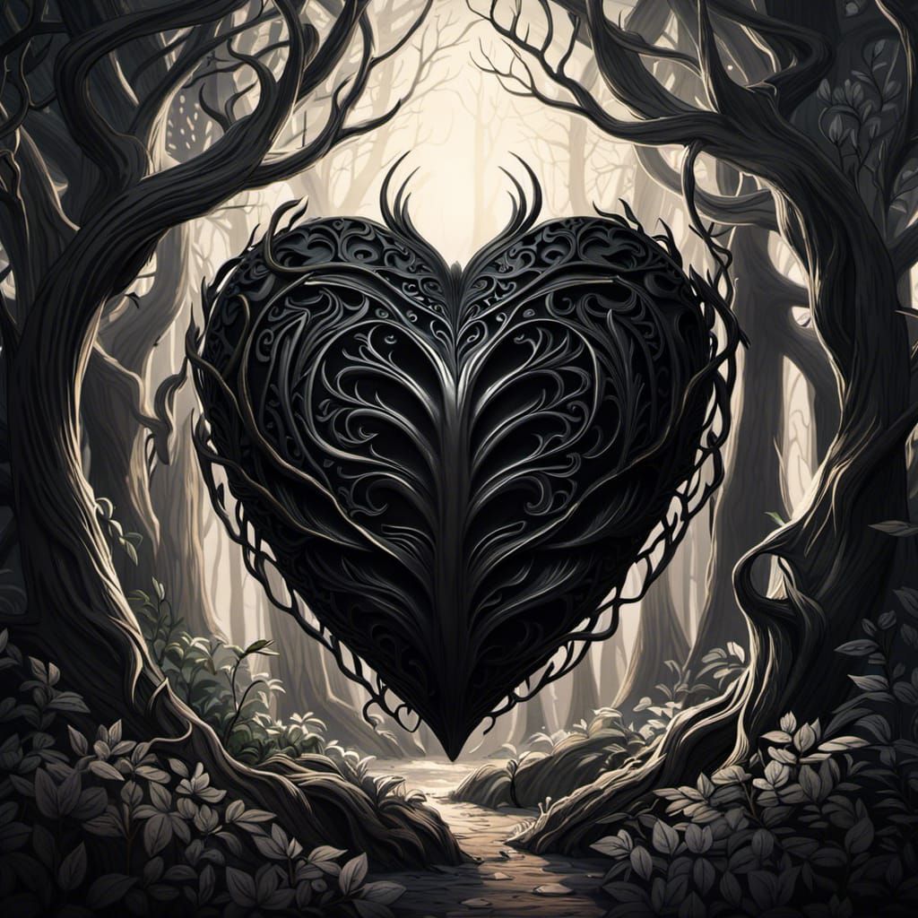 Black Heart in Twisted Forest: Detailed 3D Rendering