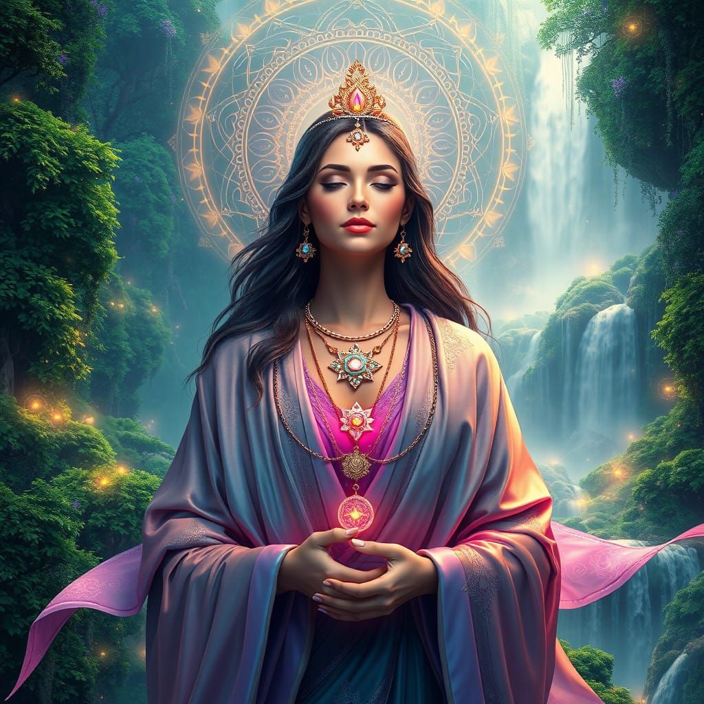 Ethereal Goddess Radiates Balance in Dreamlike Forest Realm