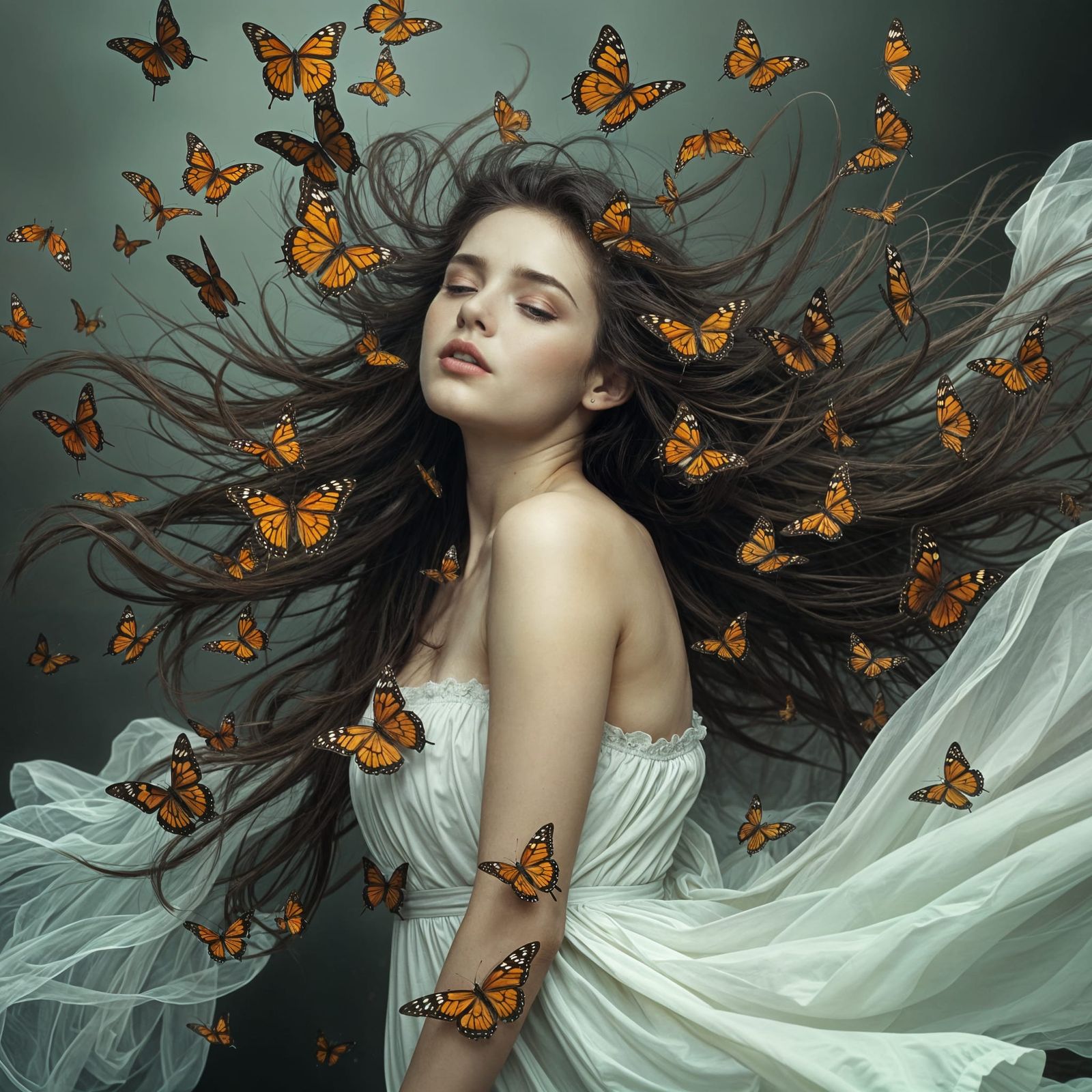 Woman in White Dress Amidst Butterflies in Muted Mattepainti...