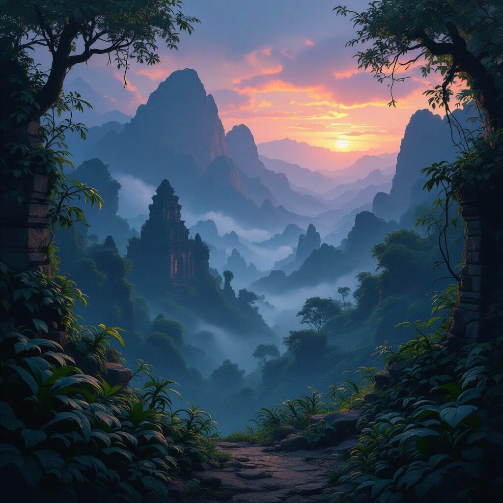 Mysterious Jungle Ruins in Misty Mountains at Twilight