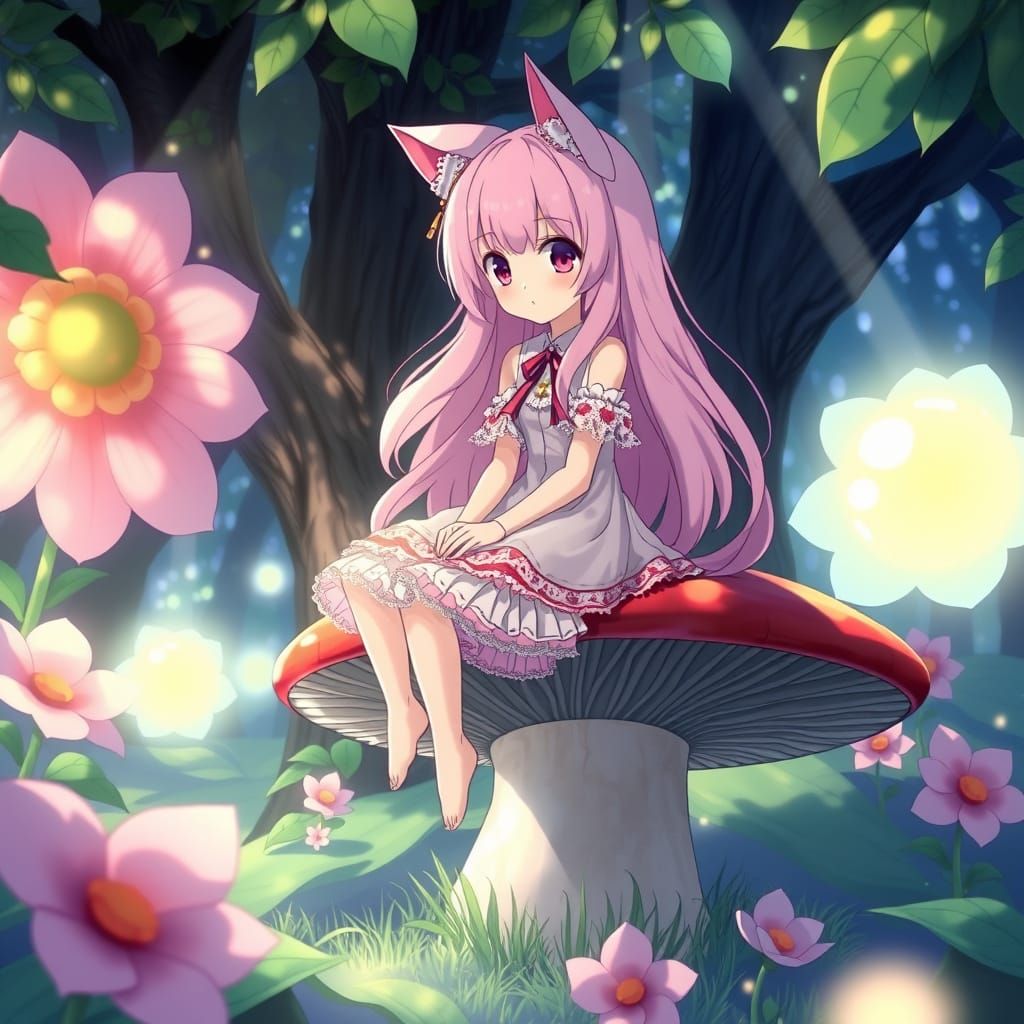 Anime Girl on Mushroom in Ghibli Style Forest