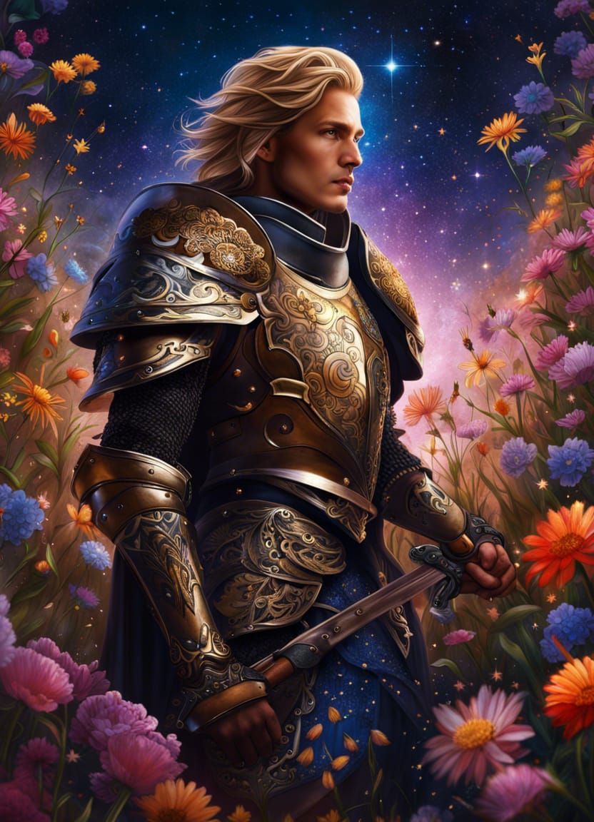 Knight Prince Portrait with Wildflowers and Stars