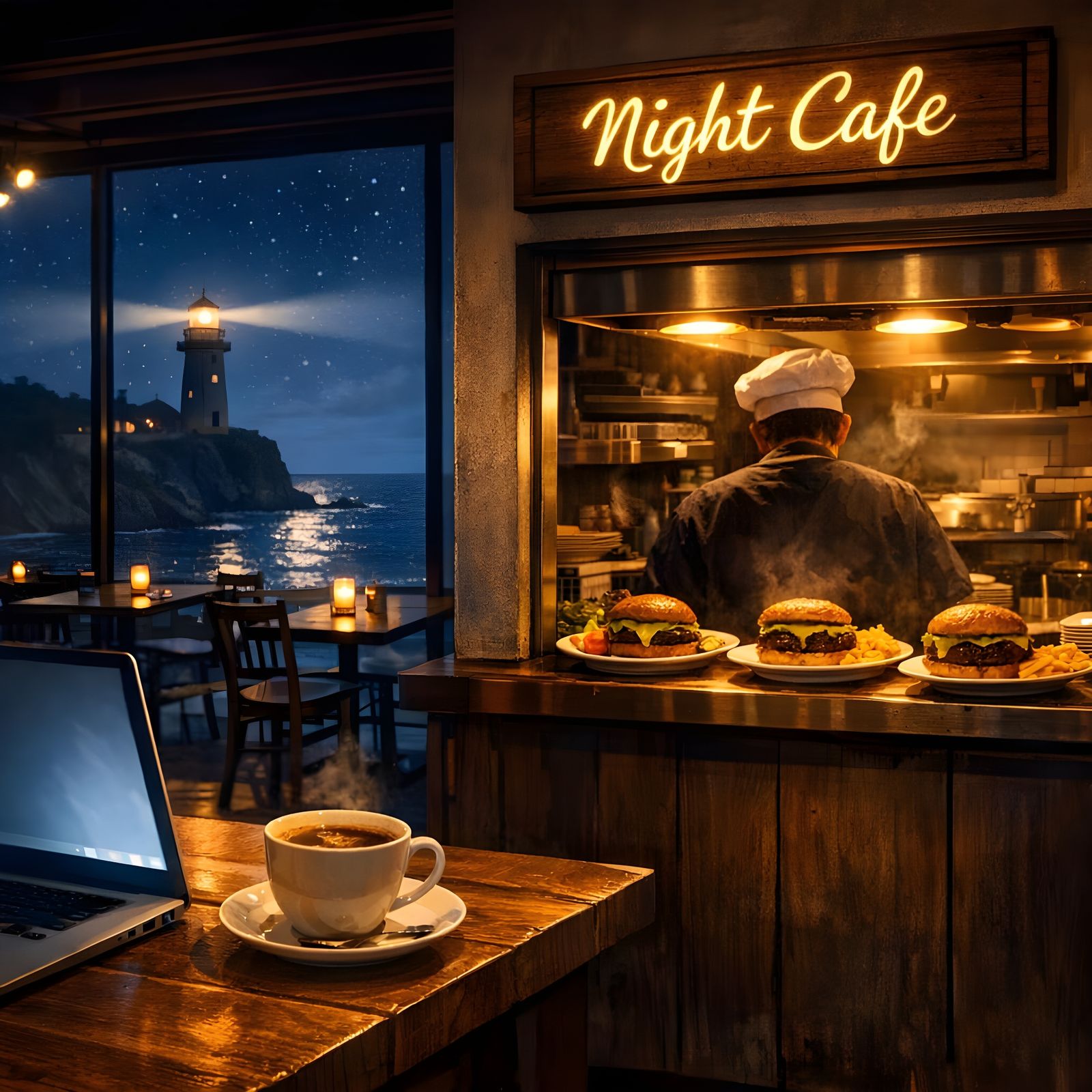 Night Cafe Overlooking Lighthouse and Ocean