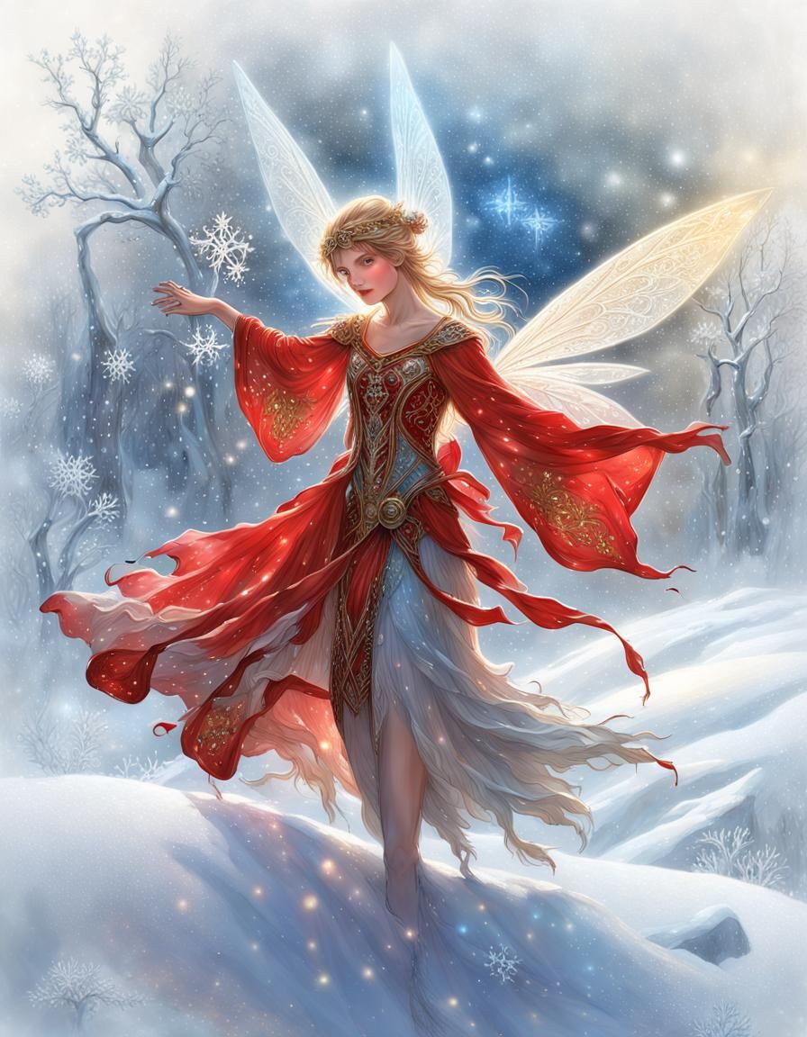 Stunning snow fairies with wing in sparkles red dress