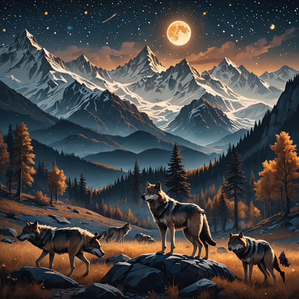 Wolves Grazing Under Starry Sky, Digital Matte Painting