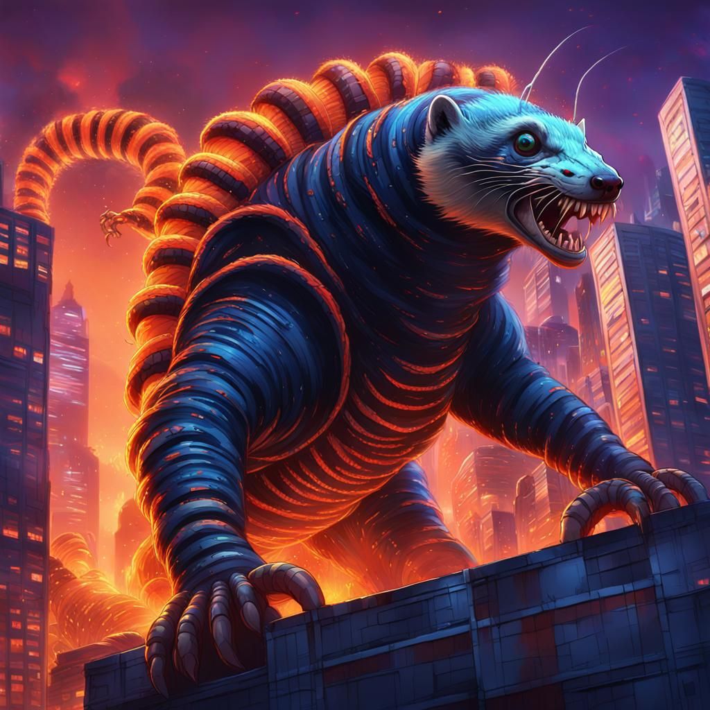 Giant Millipede Kaiju Attacks Neon Cyberpunk City