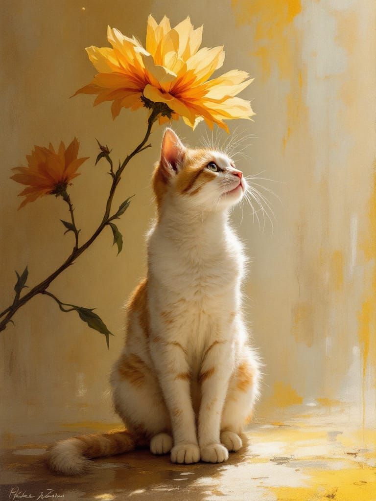 Adorable Kitten Gazes Up at Tall Flower in Luminous Light