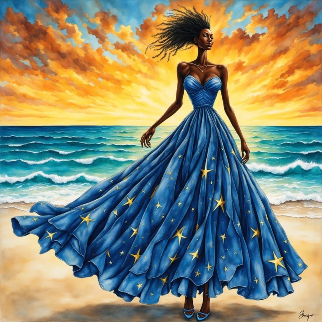 Black Woman in Star Dress on Bahamas Beach at Golden Hour