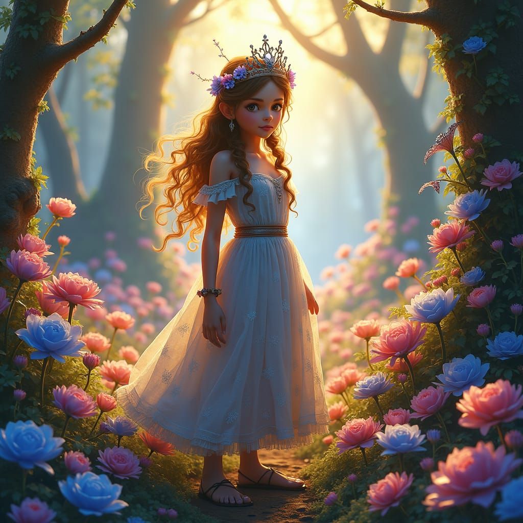 Matilda in Mystical Flowerbed, Detailed Matte Painting