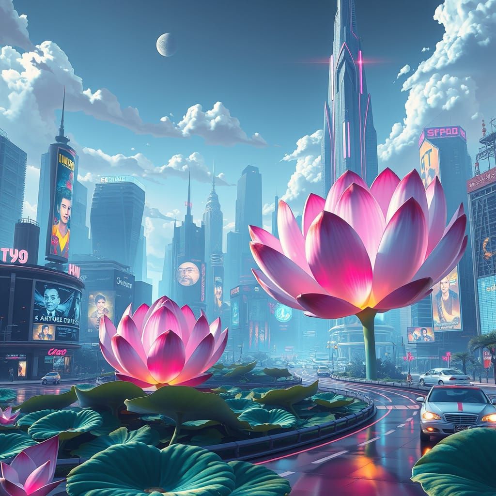 Futuristic Cityscape with Luminous Lotus Flowers