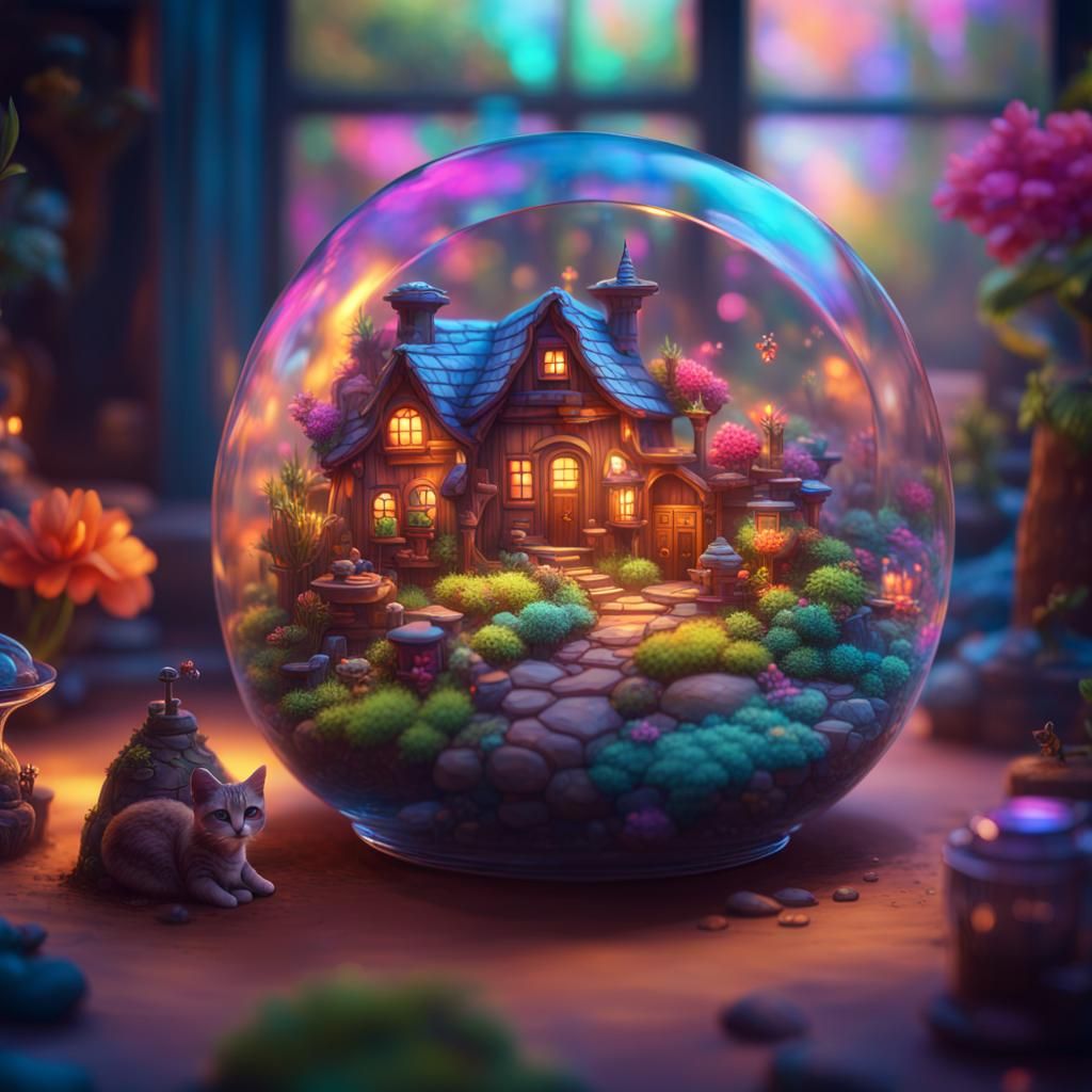 Sparkling Cat Village in Crystalline Terrarium