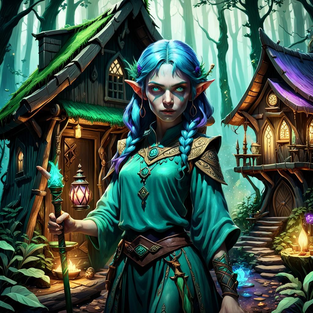 Enchanting Elf Woman in Forest Hut, Digital Art