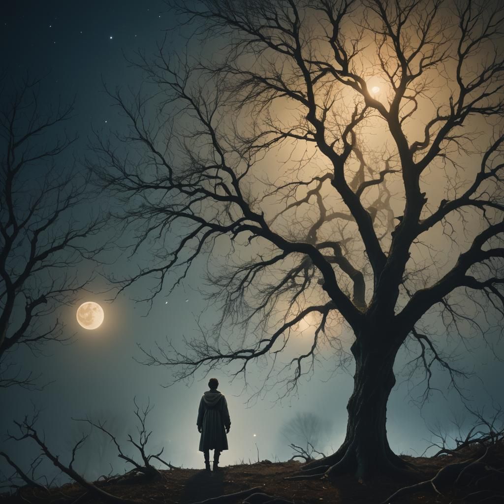 Ethereal Figure in Moonlit Woodland Scene