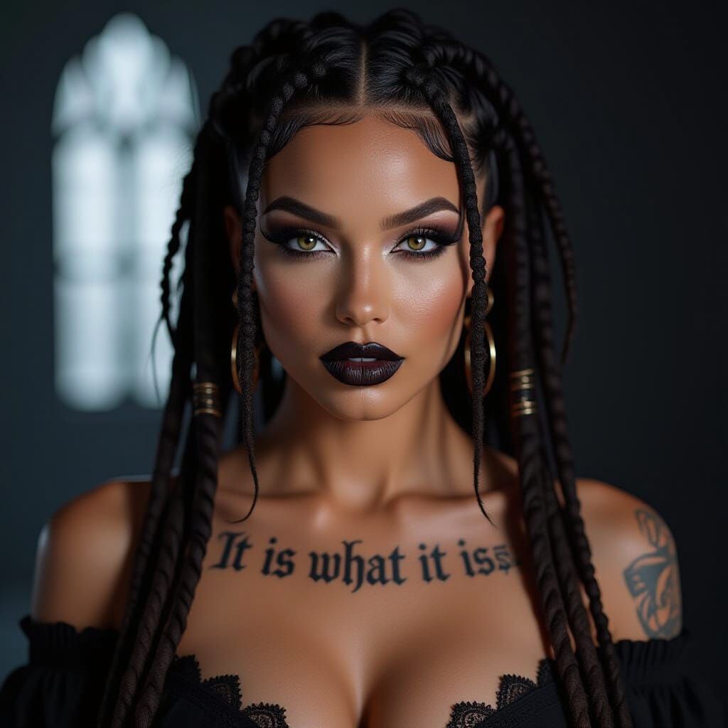 Tanned Woman's Chest With Gothic Tribal Tattoo