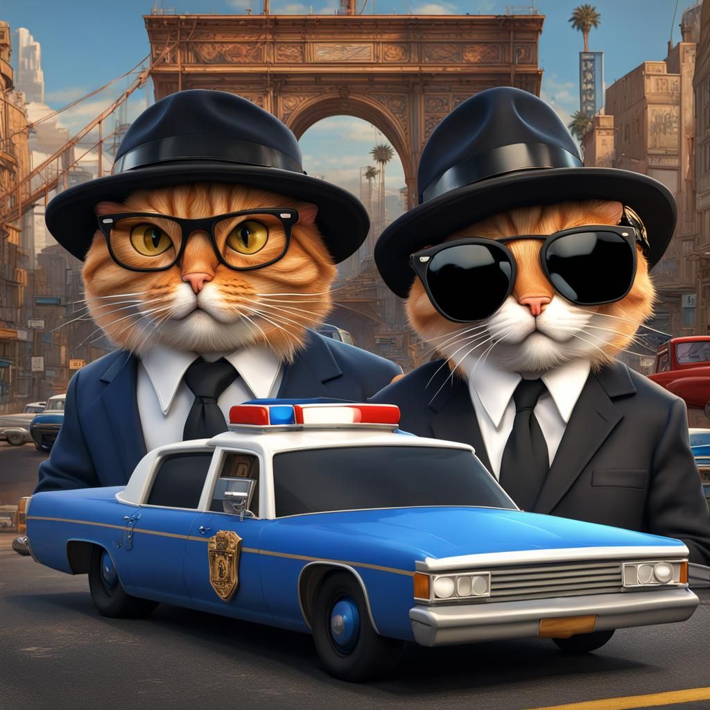 Garfield as Blues Brother in Police Car Chase