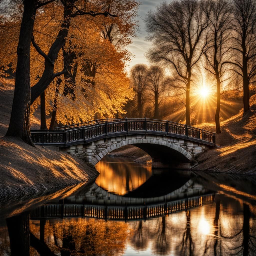 Sunlit Bridge Reflection: Hyperrealistic Digital Painting