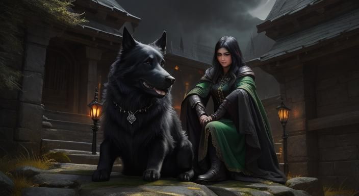 Dark Fantasy Woman with Dog on Stone Steps