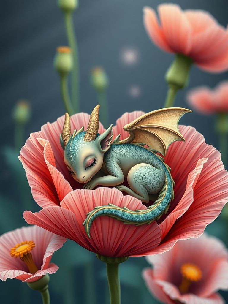 Dragon Fae Sleeping in Poppy Flower Illustration