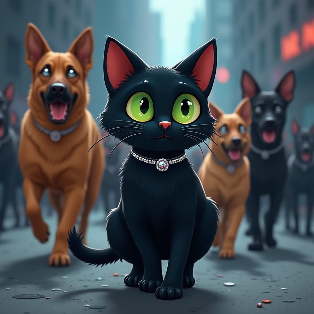 Sleek Black Cat Strolls Past Row of Police Dogs in Vibrant U...