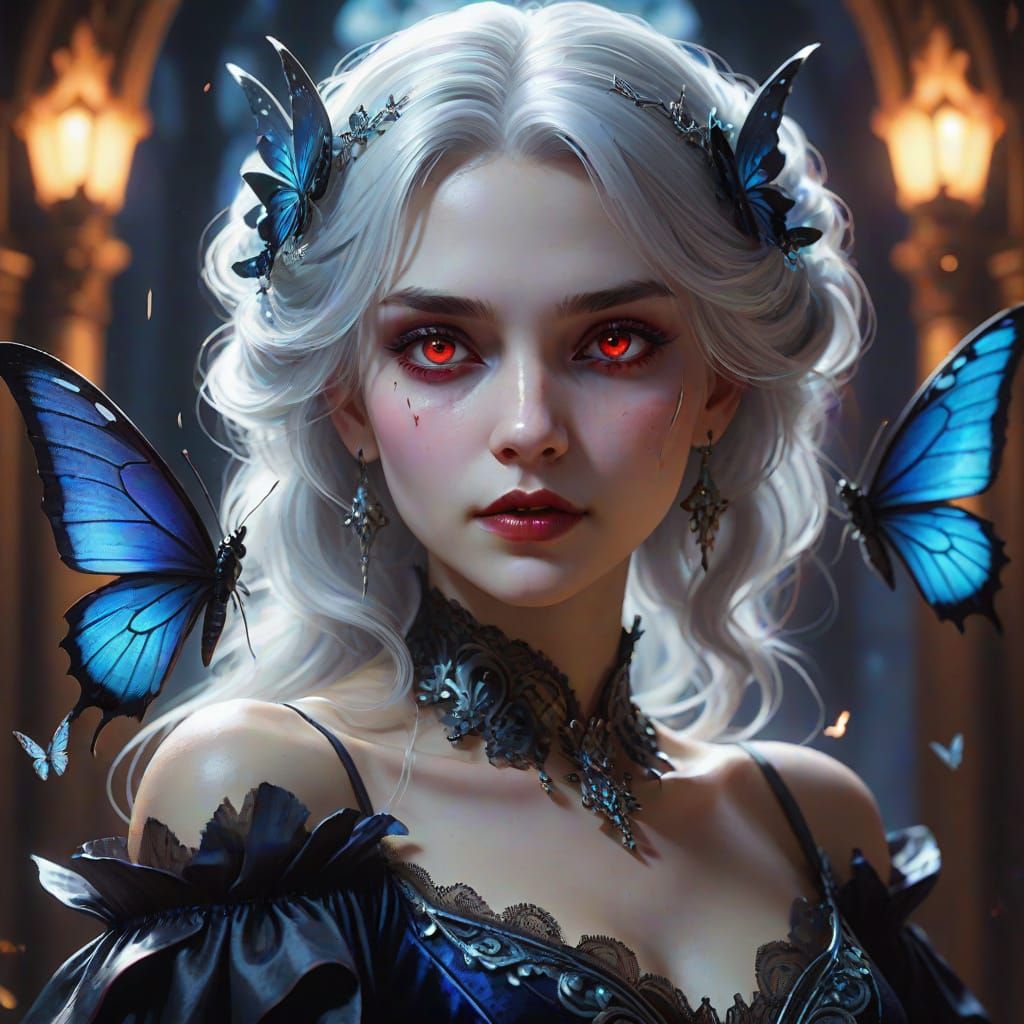 Vampire Woman Portrait with Butterflies in Painterly Style
