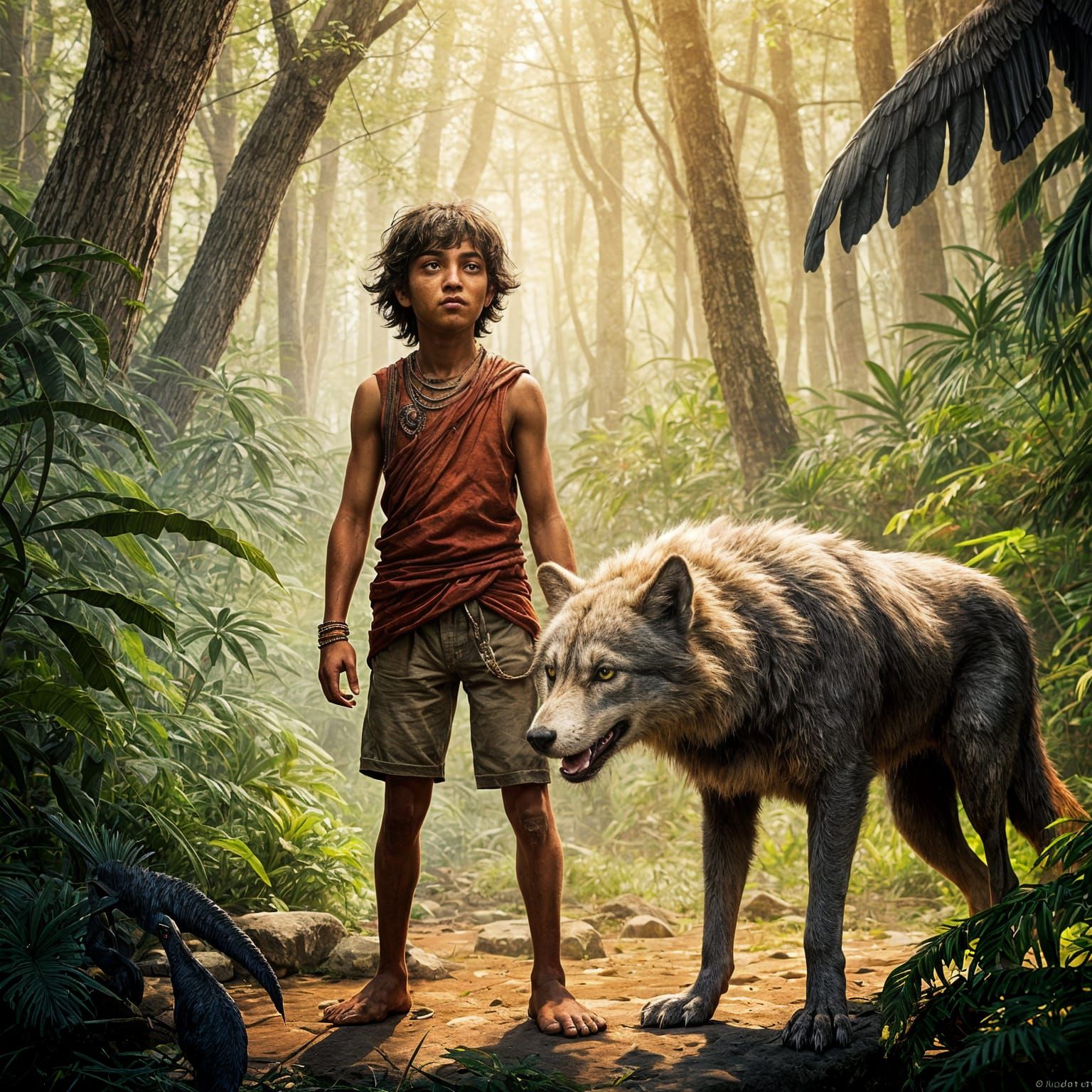 Depict the Hero of the book by Rudyard Kipling 'Mowgli' with the phrase 'We are of one blood: you and I!