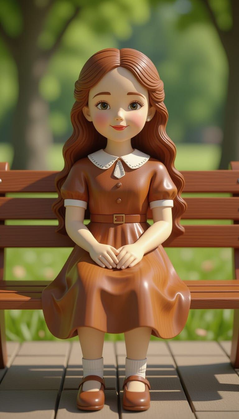 Wood Carved Girl in Wooden Park with Dramatic Lighting